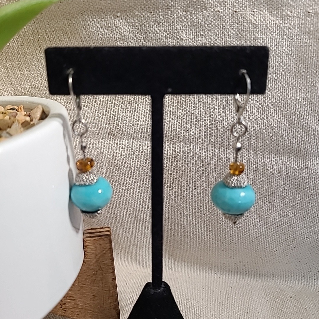 Turquoise Drop Earrings Dangle Bead Silver Tone Boho Chic Jewelry 13$